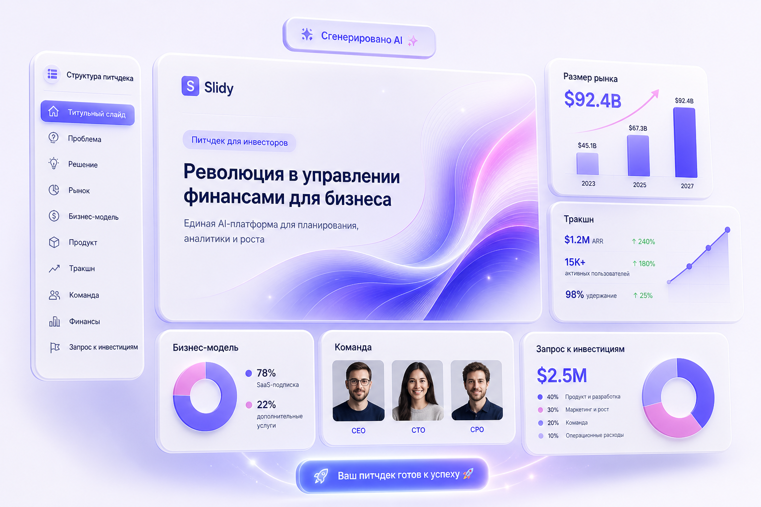 Визуальная структура питч-дека: рынок, тракшн, бизнес-модель, команда и инвестиционная цель